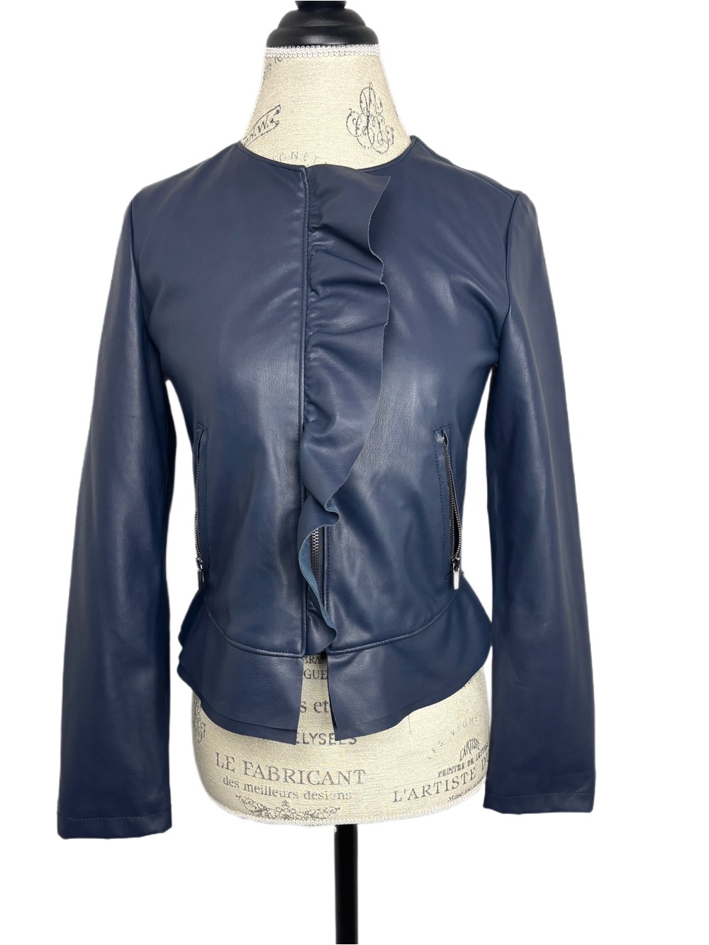 Zara Navy Faux Leather Ruffle Jacket Small